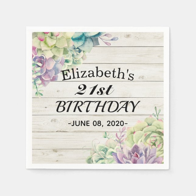 Birthday Party Elegant Succulent Plant Rustic Wood Napkin (Front)
