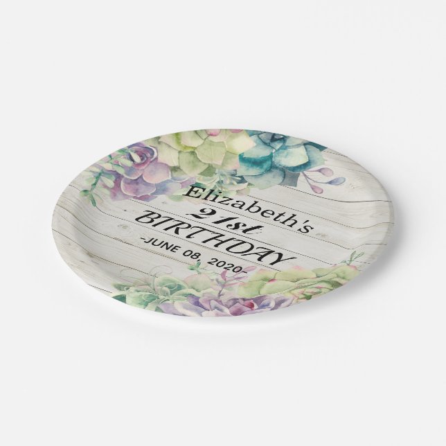 Birthday Party Elegant Succulent Plant Rustic Wood Paper Plate (Angled)