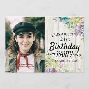 Birthday Party Elegant Succulent Plants Wood Photo Invitation