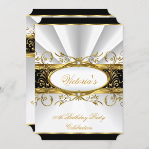 Birthday Party Elegant White Gold Floral Black 3 Invitation
