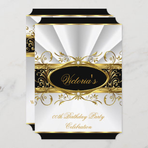 Birthday Party Elegant White Gold Floral Black 4 Invitation