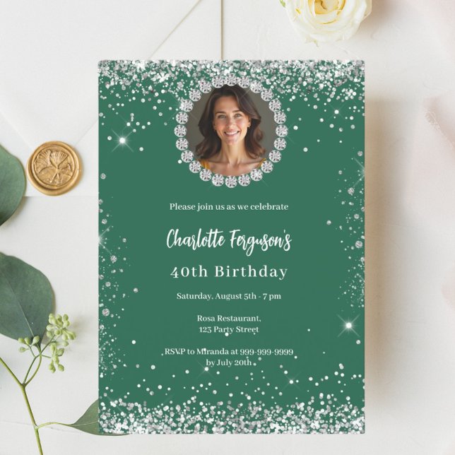 Birthday party emerald green diamond photo invitation (Creator Uploaded)