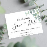 Birthday party eucaluptus greenery save the date<br><div class="desc">A modern Save the card for a 50th (or any age) birthday party. A chic white background decorated eith green watercolored eucalyptus greenery, leaves and sprigs. Personalise and add a date and name/age 50 and the place of the venue. Black coloured letters. The text: Save the Date is written with...</div>