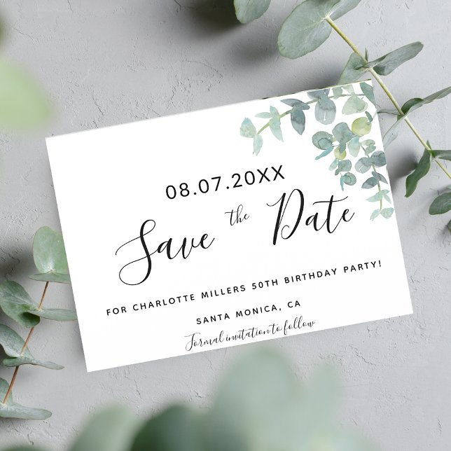Birthday party eucaluptus greenery save the date (Creator Uploaded)