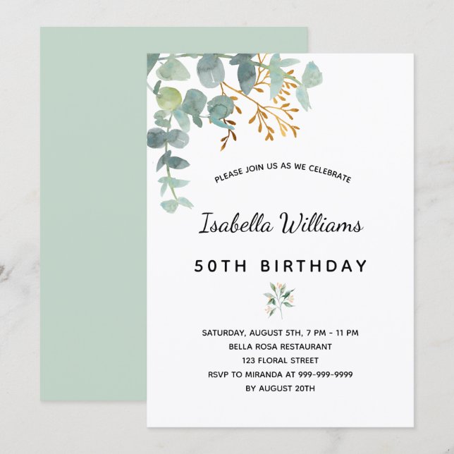 Birthday party eucalyptus white gold green elegant invitation (Front/Back)