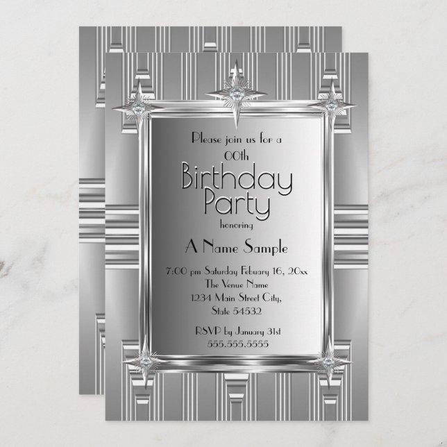 Birthday Party Faux Silver Chrome Metal Invitation (Front/Back)