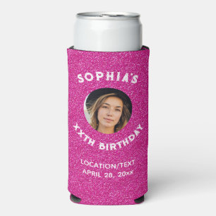 Birthday Party Favour Pink Glitter Photo Seltzer Can Cooler