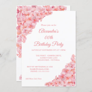 Birthday Party Floral Pink Hydrangeas on White Invitation