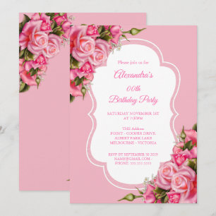 Birthday Party Floral Pink Roses Bouquet Invitation