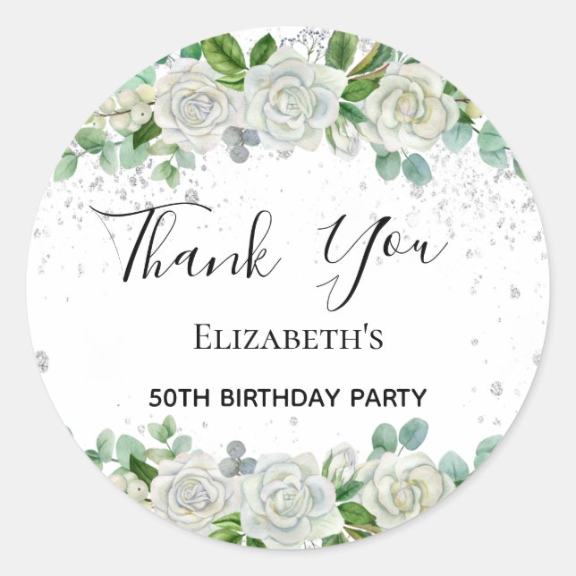 Birthday Party floral silver glitter Thank You Classic Round Sticker (Front)