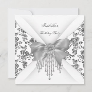 Birthday Party Floral Silver White Diamond Bow Invitation