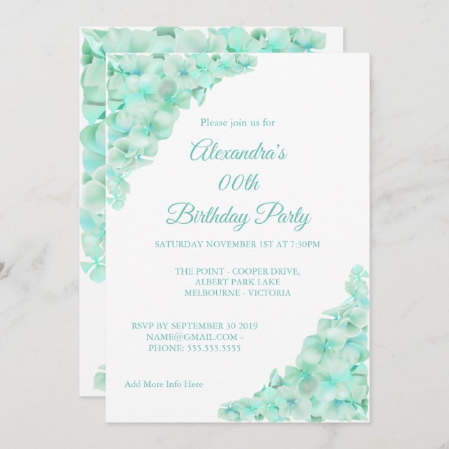 Birthday Party Floral Teal Blue Hydrangeas White Invitation (Front/Back)