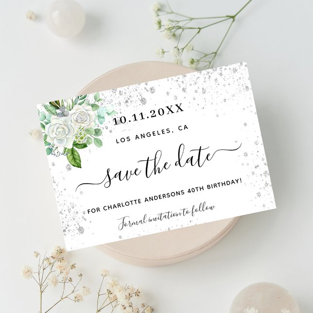 Birthday party floral white green elegant save the date (Creator Uploaded)