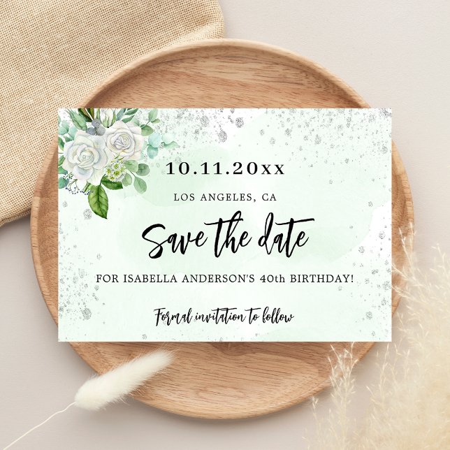 Birthday party floral white green save the date announcement postcard (Creator Uploaded)