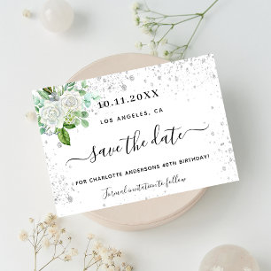 Birthday party floral white green save the date announcement postcard