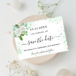 Birthday party floral white green sparkles save the date<br><div class="desc">A girly and trendy Save the Date card for a 40th (or any age) birthday party. A stylish white background decorated with green faux glitter sparkles, white florals and greenery. Personalise and add a date and name/age 40. Black coloured letters. The text: Save the Date is written with a large...</div>