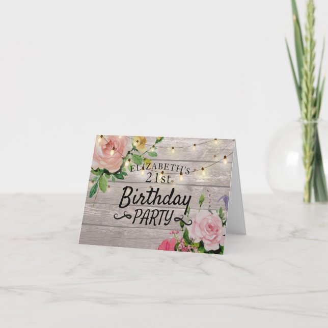 Birthday Party Flowers Rustic Wood String Lights Invitation (Front)