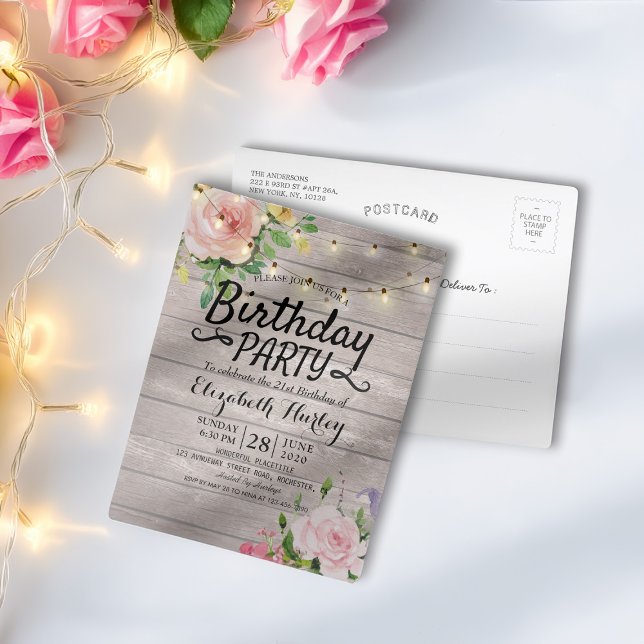 Birthday Party Flowers Rustic Wood String Lights Invitation Postcard (Creator Uploaded)