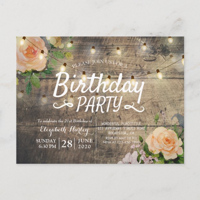 Birthday Party Flowers Rustic Wood String Lights Invitation Postcard (Front)