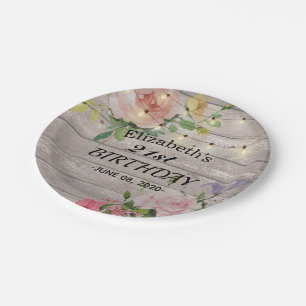 Birthday Party Flowers Rustic Wood String Lights Paper Plate