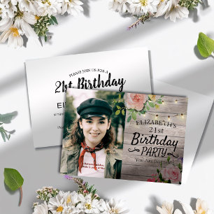 Birthday Party Flowers Wood String Lights Photo Invitation