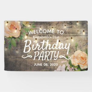Birthday Party Flowers Wood String Lights Welcome Banner