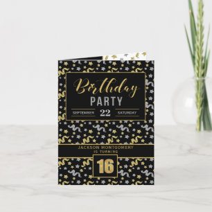Birthday Party for 16th Boy or Girl Black and Gold Invitation