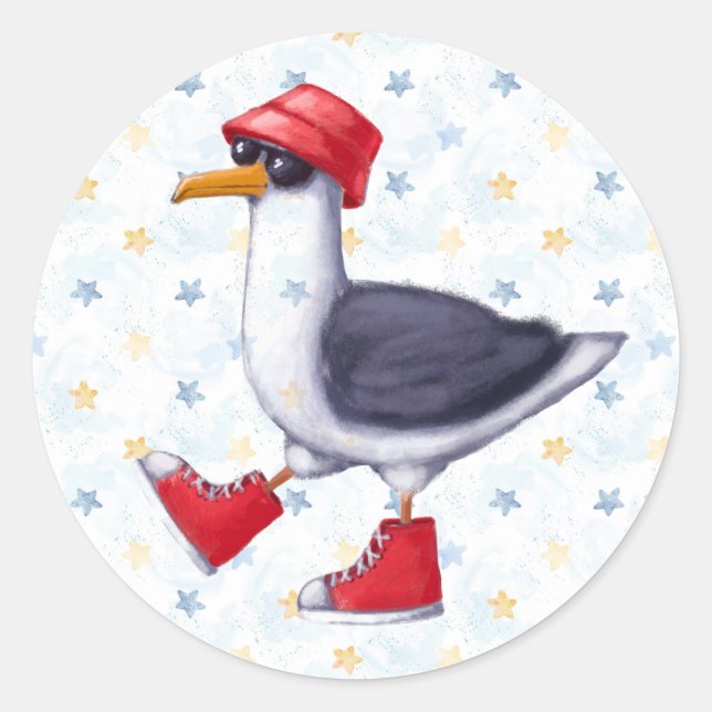 Birthday Party Fun Cute Seagull Bird  Classic Round Sticker (Front)