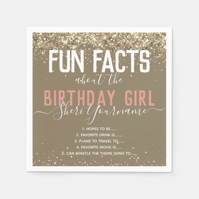Birthday Party Fun Facts Gold Glitter Girly Napkin (Front)