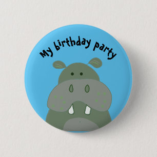 birthday party fun hippo "my birthday party" 6 cm round badge