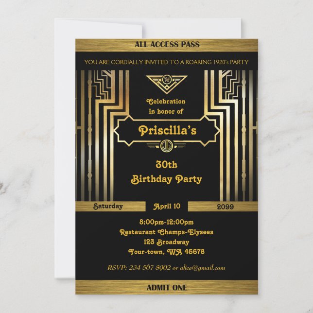 Birthday Party, Gatsby style, Art Deco,gold black Invitation (Front)