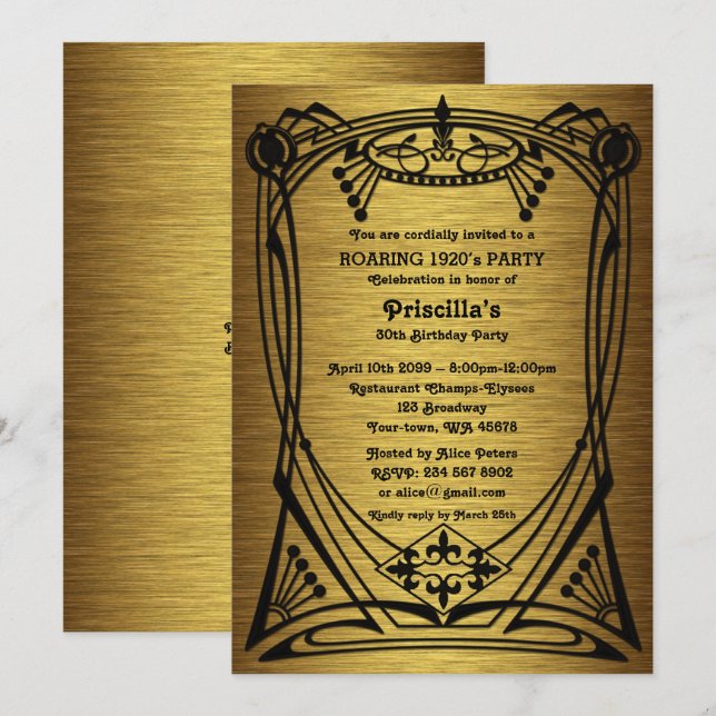 Birthday Party, Gatsby style, gold black,monogram Invitation (Front/Back)