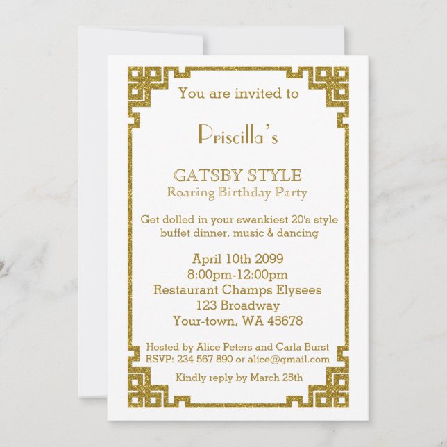 Birthday party, Gatsby style, white & gold Invitation (Front)