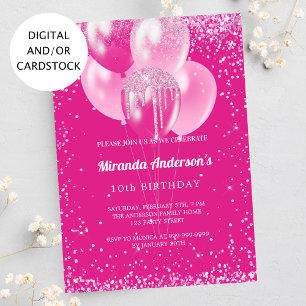 Birthday party girl hot pink balloons confetti invitation