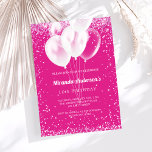 Birthday party girl hot pink white balloons invitation<br><div class="desc">A hot pink background. Decorated with pink confetti and white balloons. White text.   Personalise and add a name and party details.</div>