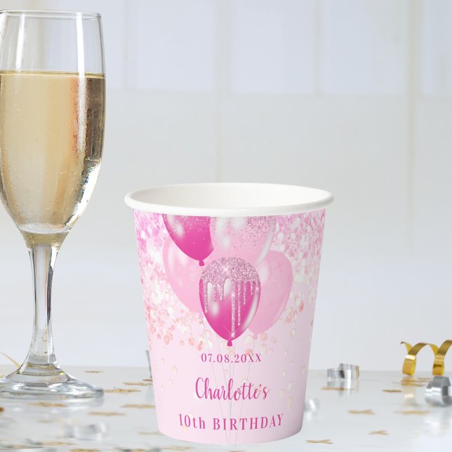 Birthday party girl pink glitter balloons paper cups (Creator Uploaded)