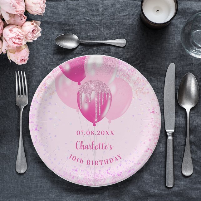 Birthday party girl pink glitter balloons paper plate (Creator Uploaded)