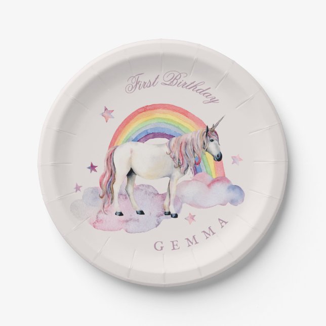 Birthday Party Girl Rainbow Balloons Unicorn Pink Paper Plate (Front)