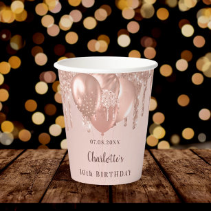 Birthday party girl rose gold glitter balloons paper cups