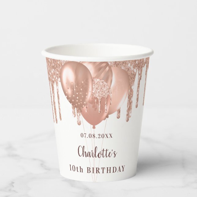 Birthday party girl rose gold glitter drips white paper cups (Front)