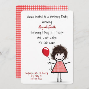 Birthday Party Girl with Red Balloon   Invitation