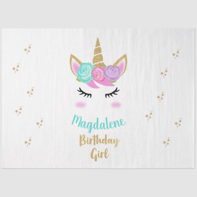 Birthday Party Girl with Unicorn & Name Tissue Paper (Front)