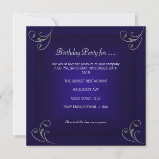 Birthday Party Glamourous Royal Navy Blue Silver Invitation