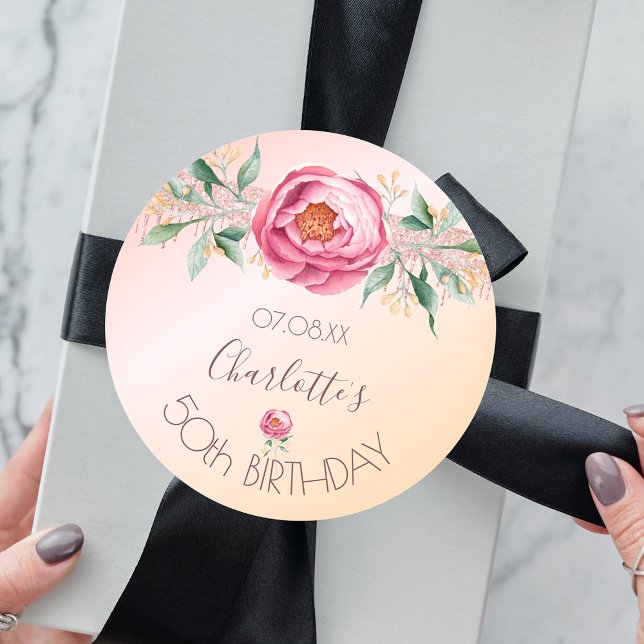 Birthday party glitter blush pink rose gold floral classic round sticker (Creator Uploaded)