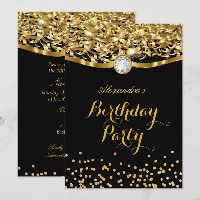 Birthday Party Glitter Gold Black Invitation (Front/Back)