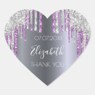 Birthday party glitter silver purple Thank You Heart Sticker