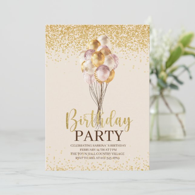 Birthday Party Gold and Black Personalised Invitat Invitation (Standing Front)