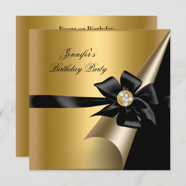 Birthday Party Gold Black Bow Diamond Image Invitation (Front/Back)