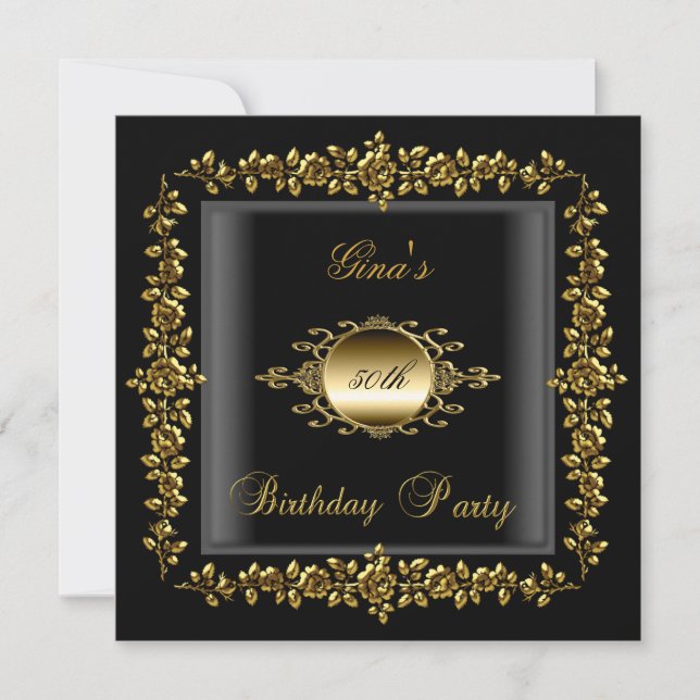 Birthday Party Gold Black Floral Womens 50th Invitation (Front)
