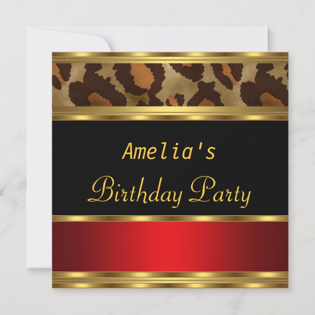 Birthday Party Gold Black Red Leopard Invitation (Front)